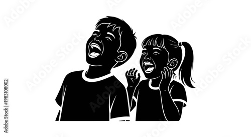 Two children laughing heartily with joy and happiness.