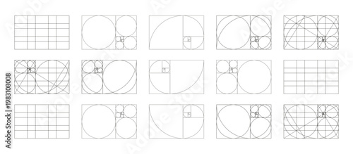 Golden ratio layouts. Fibonacci array, numbers form mockups. Harmony proportions frame samples. Set of Golden Spiral simple patterns. Method golden section templates. Outline thin graphic black icons.