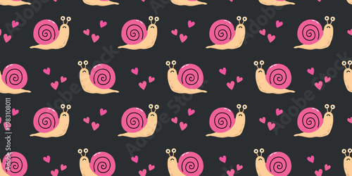 Cute cartoon snail seamless pattern featuring beige snails with bright pink shells surrounded by small pink hearts on a dark background