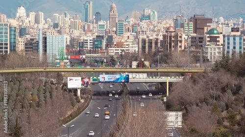 Aerial View of Tehran Cityscape and Urban Highway Infrastructure. breathtaking architecture and modern skyline. Iran Israel conflict and infrastructure capacity.  