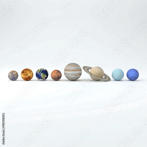 A detailed and vibrant 3D rendering of the solar system's eight major planets, meticulously arranged to convey the immense scale and intricate order of our cosmic neighborhood