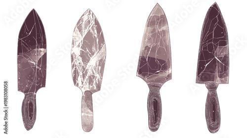 Four stylized trowels with abstract, textured design. Trowels vary in color. Watercolor style