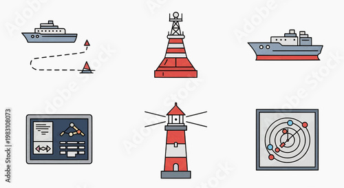 Ships navigate around a lighthouse with navigation tools on display nearby always.
