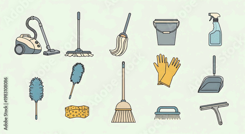Cleaning tools and equipment laid out for organization and use indoors