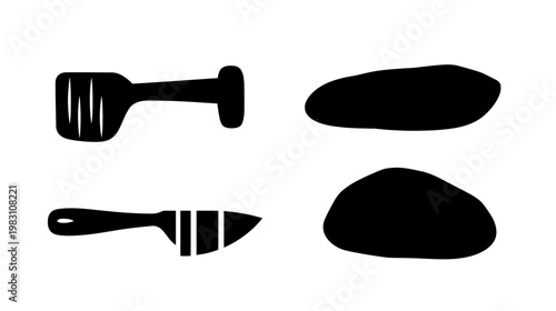 Silhouetted cooking utensils and organic shapes, simple black icons on a white background