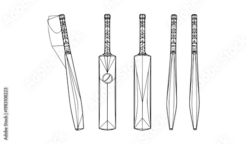 Cricket bat geometric outline set multi view sport vector illustration isolated on white background