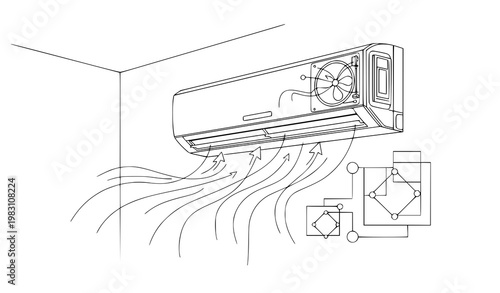 Geometric air conditioner interior room outline modern cooling system vector illustration isolated on white background