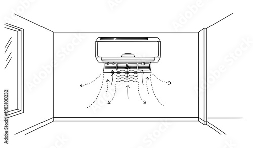 Modern air conditioner interior room geometric outline vector illustration isolated on white background