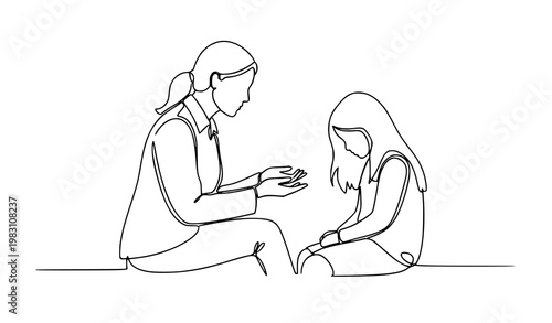One line woman psychologist counseling depressed girl mental health vector illustration isolated on white background