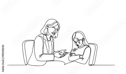 Psychologist counseling depressed girl one line mental health vector illustration isolated on white background