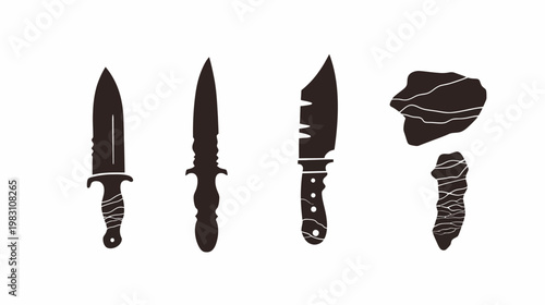 A monochromatic image showing a series of knives and two abstract shapes