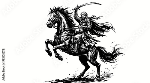 Epic warrior riding horse vector illustration, dynamic black and white battle art, heroic fighter with sword raised, historical mythical knight silhouette, powerful motion design vector