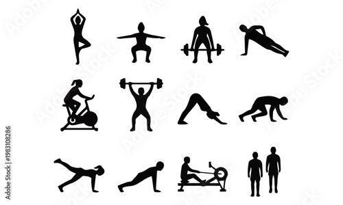 Fitness and Exercise Silhouette Icon Set – Yoga, Gym Workout, Training and Sports Activity Vector Collection