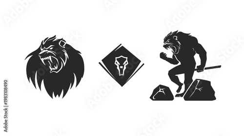 Silhouettes of a roaring lion's head, an emblem, and a fierce, humanoid figure with a weapon