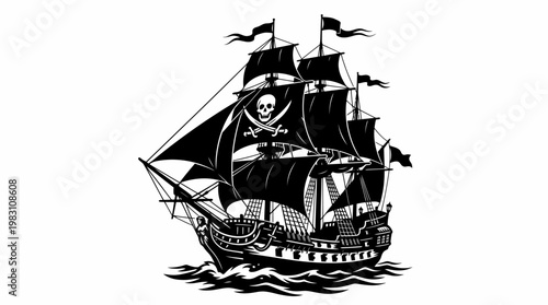 Vector pirate ship illustration with skull crossbones sails maritime adventure sea voyage cannon ports naval history exploration fantasy marine vessel ocean journey vector graphic artwork