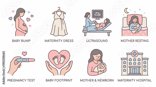 Vector icons of pregnancy motherhood maternity baby bump ultrasound test footprints newborn hospital care maternal health illustration modern family parenting vector graphic design artwork
