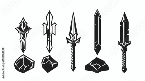 Silhouettes of five stylized swords, each paired with a rock base, in black and white