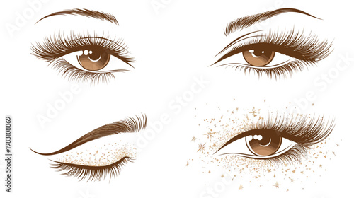 Illustration of four eye drawings, showing different angles and lash details with sparkles