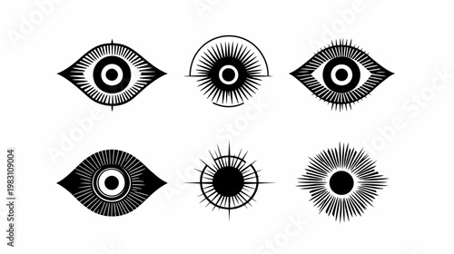 Six stylized illustrations of eyes with radiating lines in black on a white background