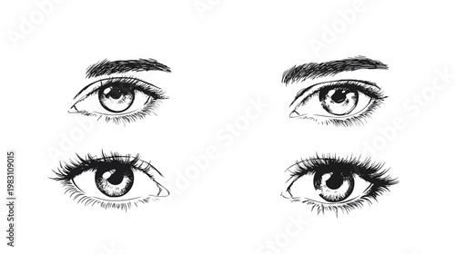 A sketch of four stylized eyes, in various orientations. Each shows detailed eyelashes and pupils