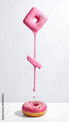 A pink frosted donut with sprinkles hovers above another