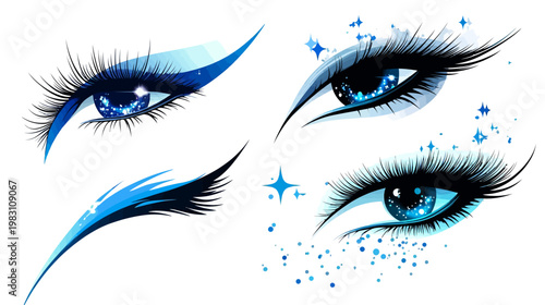 Four stylized blue eye illustrations with long lashes, sparkling pupils, and glittery accents