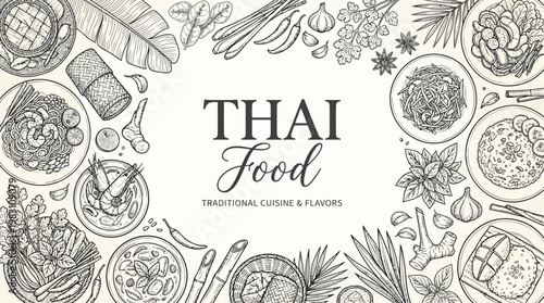 Modern Thai Food Menu Banner with Hand Drawn Line Art Illustration