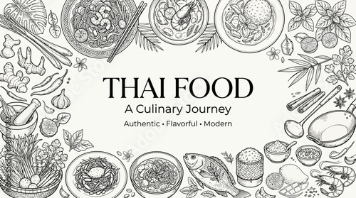 Modern Thai Food Menu Banner with Hand Drawn Line Art Illustration