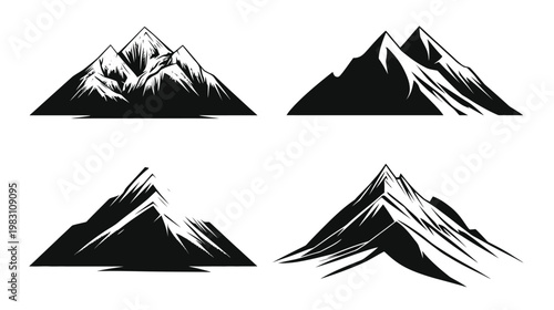 Four black and white illustrations of different stylized mountain ranges on a white background