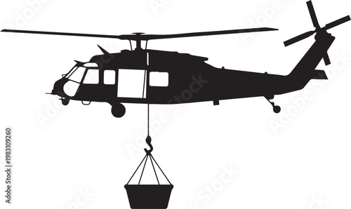Military helicopter carrying a suspended external load with a hook system
