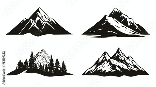 Four black and white illustrations featuring mountainous landscape designs for outdoor themes