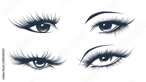 Illustration featuring four pairs of stylized, dark-shaded eyes, with long eyelashes, on a white background