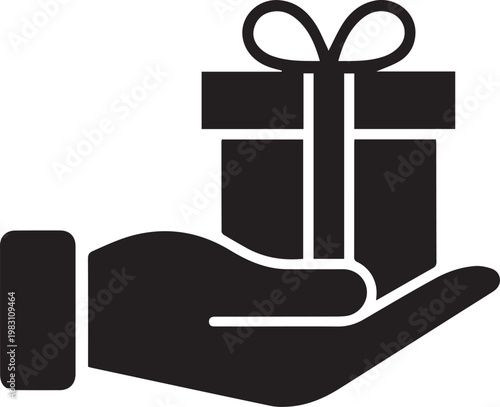 A hand holding a gift box with a decorative ribbon on top