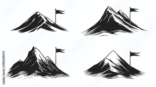 Four black and white mountain designs with flags at the peak, representing achievement