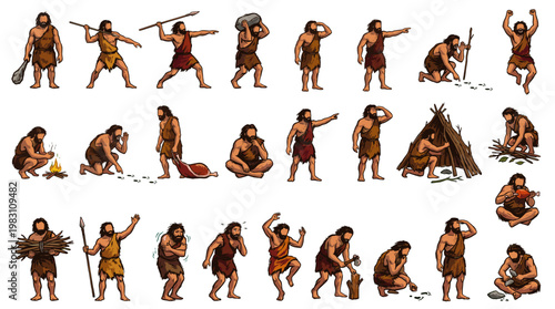 Collection of pixel art illustrations depicting various activities of prehistoric humans in different poses and scenarios.