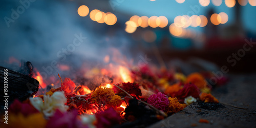Burning Flower Offering in Sacred Fire Ritual at Dusk with Warm Bokeh Lights