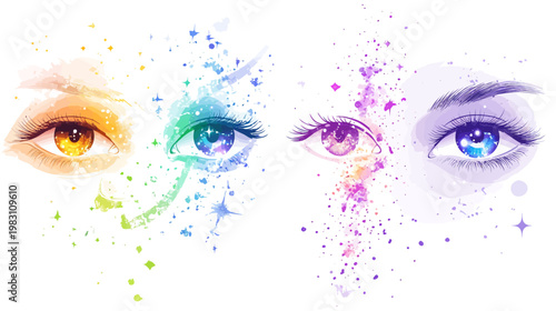 Watercolor illustration of four colorful eyes with vibrant shades and sparkling, artistic elements