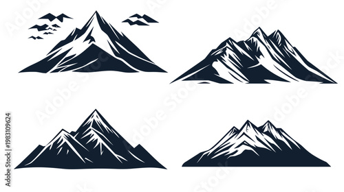 Four stylized, dark navy mountain range silhouettes on white. Simplistic designs, no gradients