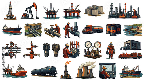 A comprehensive collection of illustrations depicting various aspects of the oil and gas industry, from offshore platforms and refineries to transportation and equipment.