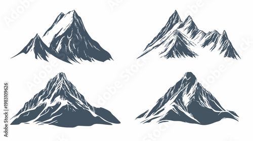 Four stylized depictions of mountain peaks with snow, created using a dark gray and white aesthetic