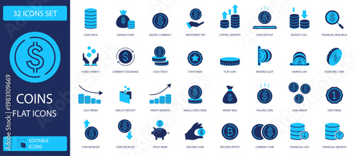 Blue flat coins icons set, 32 financial currency and money vector elements, banking and investment symbols for business apps and web design