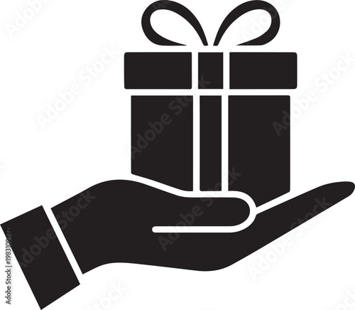 A hand holding a wrapped gift box with a decorative ribbon on top.