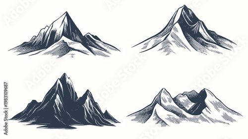 Four monochrome illustrations of stylized mountain ranges, against a white background