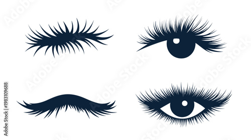 A collection of four artistic eye illustrations, featuring detailed lashes in dark blue against a white background