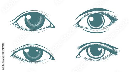 Four stylized eye illustrations in turquoise, with details of lashes, irises, and eyelids on a white background