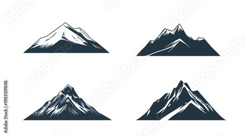Four stylized mountain silhouettes in dark blue against white. Each illustrates a different peak design