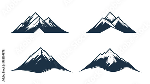 Four stylized graphic illustrations of mountain peaks in a monochromatic color scheme