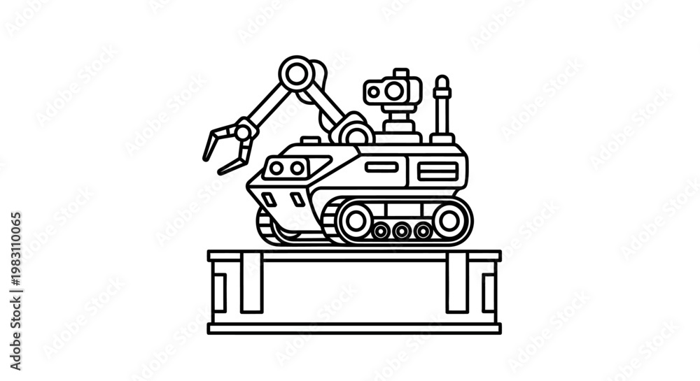 Naklejka premium Robotic Arm Vehicle on Platform, Industrial Automation, Technology Concept