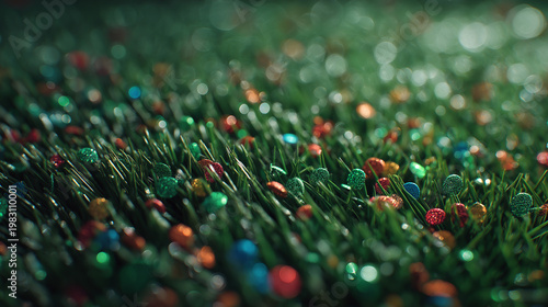 A close-up view of vibrant green artificial grass adorned with scattered, multicolored Christmas lights.
