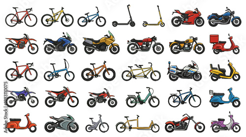 A comprehensive collection of various types of bicycles, motorcycles, and scooters, showcasing a diverse range of personal transportation vehicles.